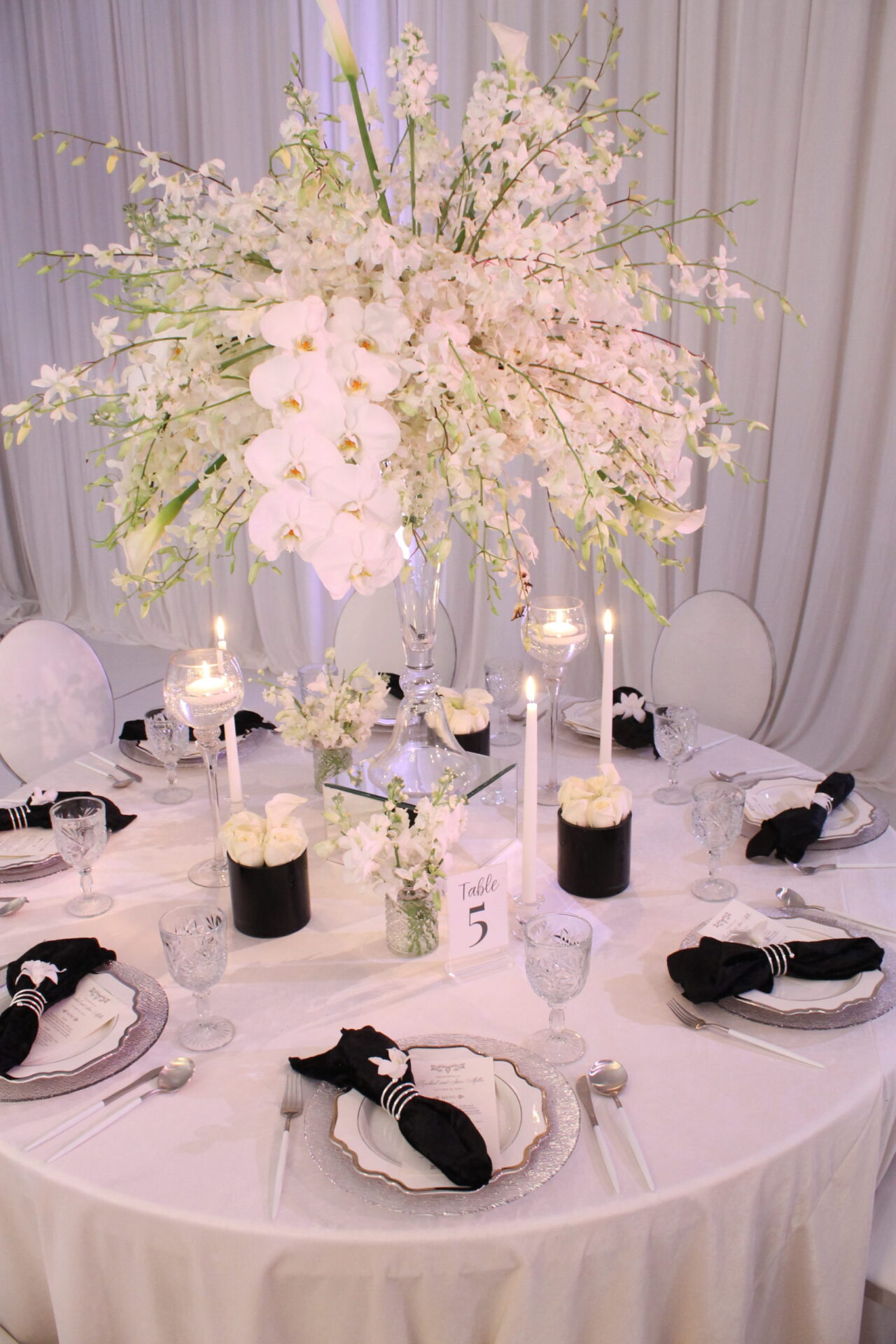 black and white modern wedding with white orchids